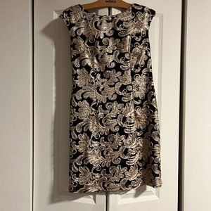 Betsy & Adam Black with Gold Ribbon and Sequin Embellished Sheath Dress 